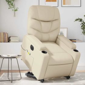 Electric Stand up Massage Recliner Chair Cream Faux Leather (Color: Cream)